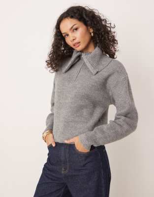 New Look - Pullover in Grau mit Oversize-Kragen und kurzem Reißverschluss