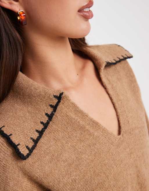New Look – Pullover in Hellbraun mit Languettenstich am Polokragen, 2 von 4