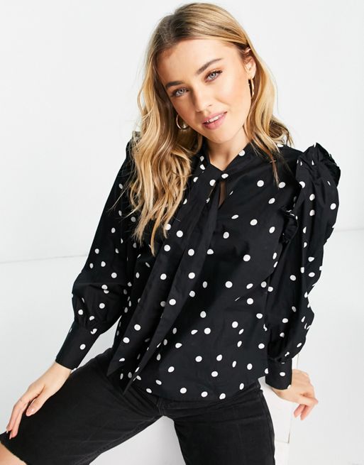 New Look pussybow blouse in black polka dot | ASOS