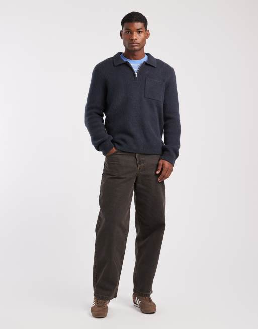 New Look quarter zip knitted polo jumper in navy, 2 of 5