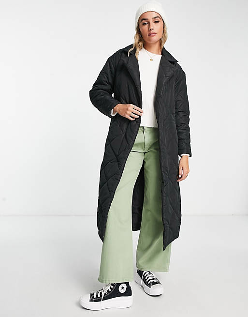 New Look quilted belted trench coat in black