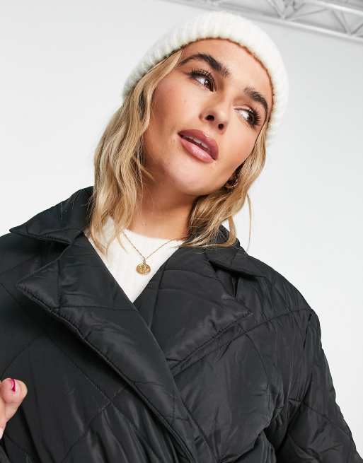 New Look quilted belted trench coat in black ASOS