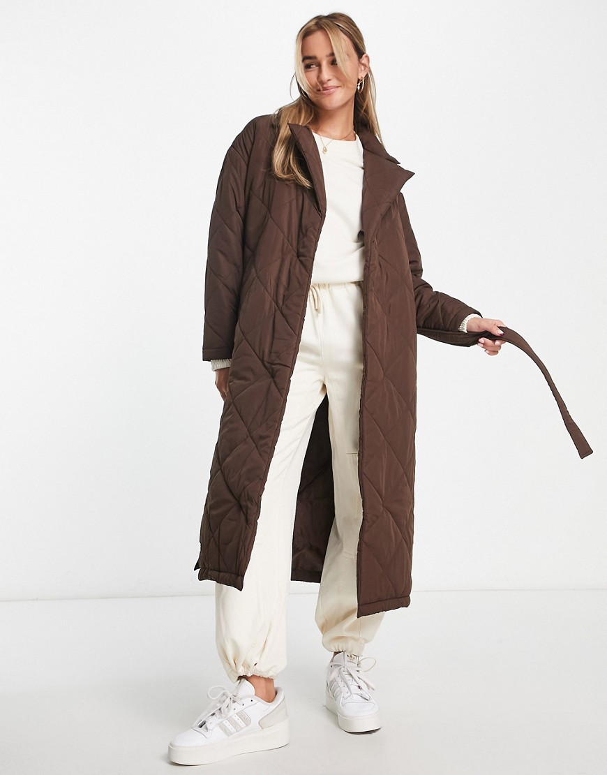 New Look quilted belted trench coat in dark brown