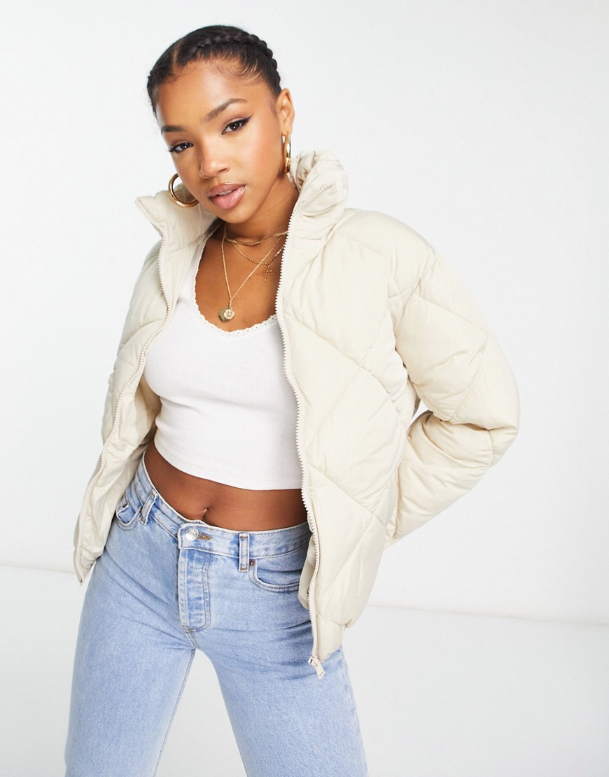 New Look Quilted Boxy Puffer Jacket In Stone-neutral
