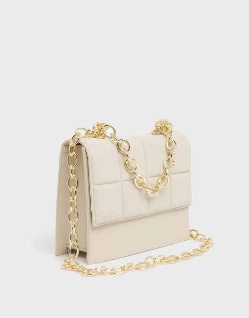 Cream Quilted Leather-Look Chain Strap Cross Body Bag