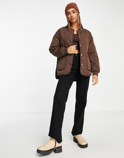 New Look quilted collarless jacket in brown