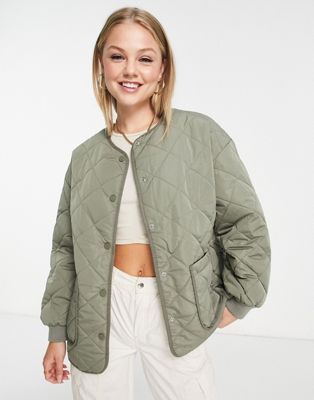 New Look quilted collarless jacket in khaki - ASOS Price Checker