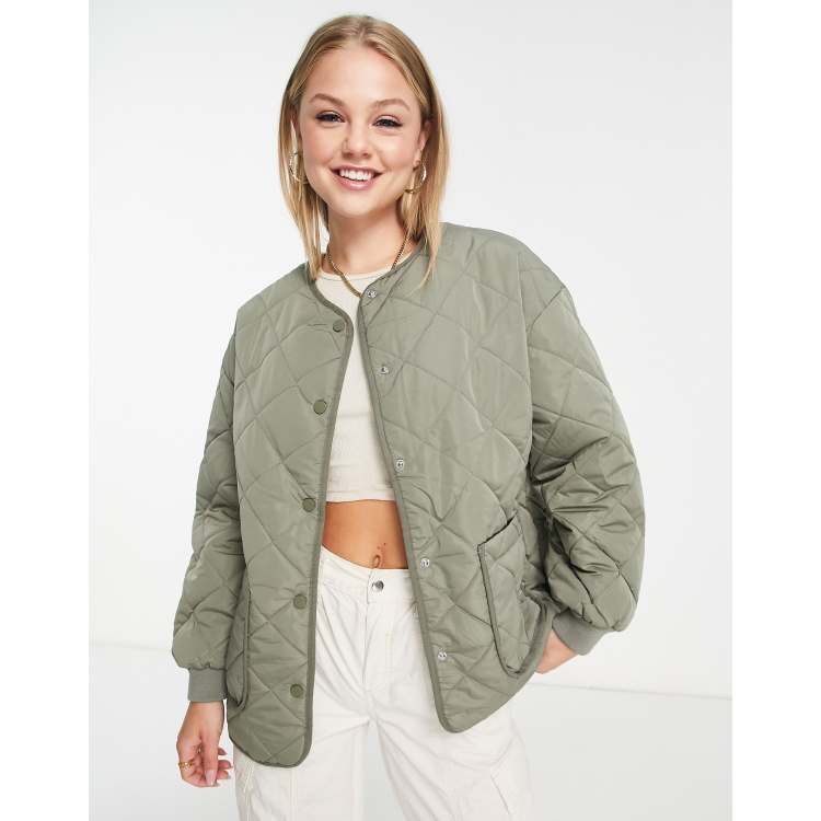 New Look quilted collarless jacket in light khaki