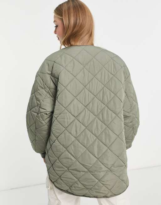 New Look quilted collarless jacket in light khaki