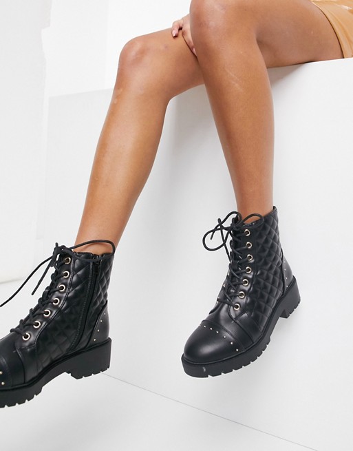 New Look quilted lace up biker boots in black | ASOS