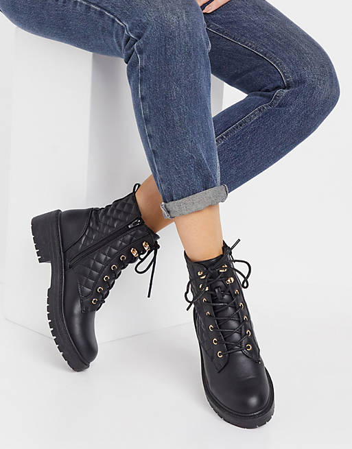 New Look quilted lace-up flat boot in black | ASOS