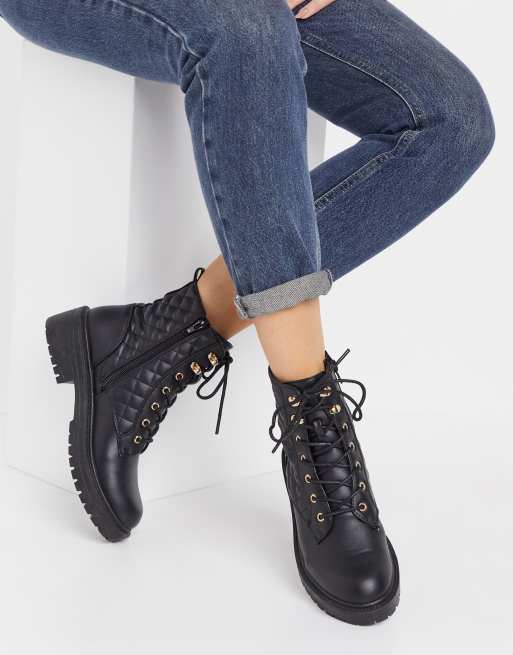 New Look quilted laceup flat boot in black ASOS