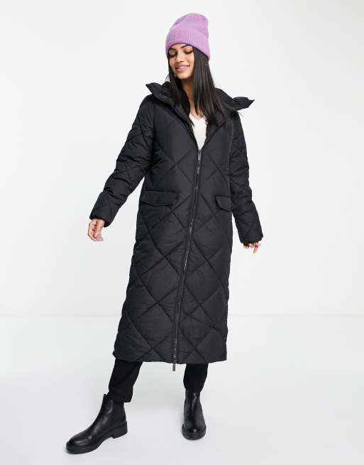 ASOS DESIGN longline puffer jacket in black monogram print