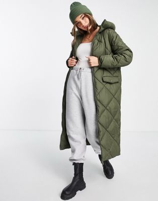 New Look quilted longline puffer coat in green