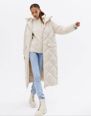 New Look quilted longline puffer coat in stone-Neutral