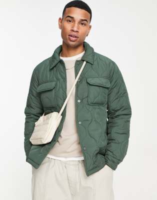 New Look New Look quilted overshirt in khaki-Green