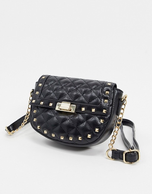 New Look quilted studded saddle bag in black