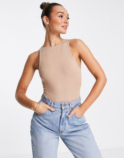 STONE Ribbed High Neck Cut Out Bodysuit, Womens Tops