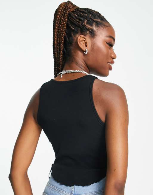 New Look racer neck crop top with frill hem in black, 2 of 4