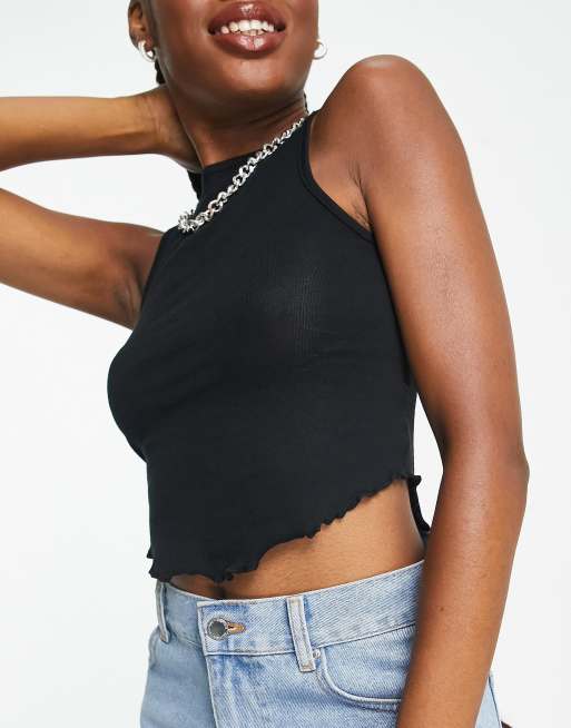 New Look racer neck crop top with frill hem in black, 3 of 4