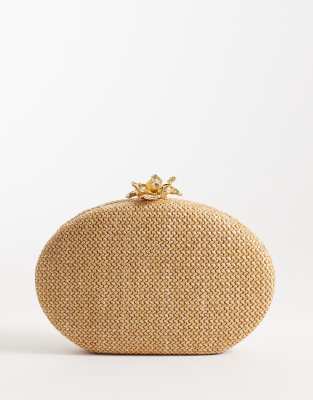 New Look New Look raffia flower clasp clutch bag in stone-Neutral