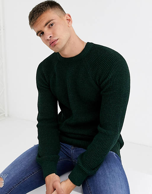 New Look raglan tuck stitch crew neck sweater in dark khaki | ASOS