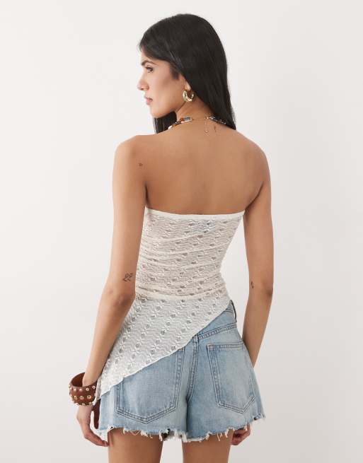 New Look - Råhvid bandeau-top med asymmetrisk kant i blondestof, 4 af 4