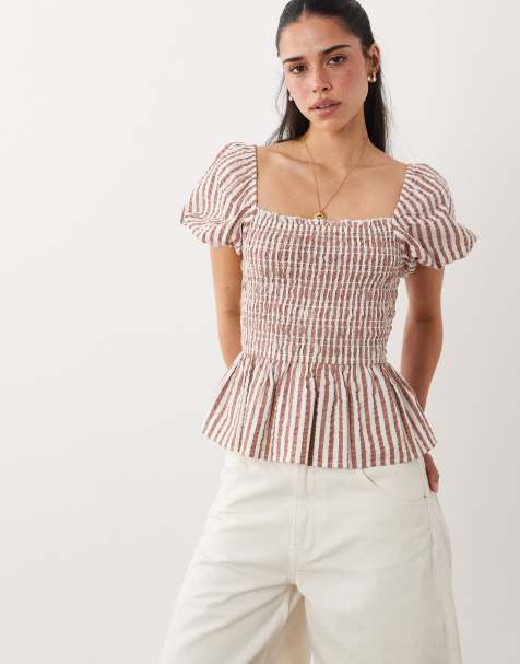 New Look randig smocktopp i brun - view 1