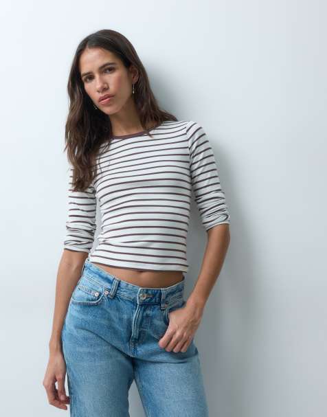 New Look randig t-shirt med långa ärmar i brun - view 1