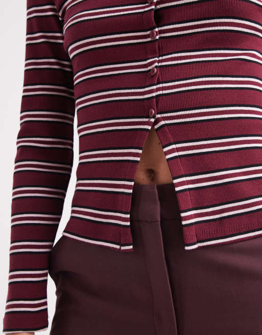 New Look - Rød top med lange ærmer, gennemgående knapper og striber, 3 af 4