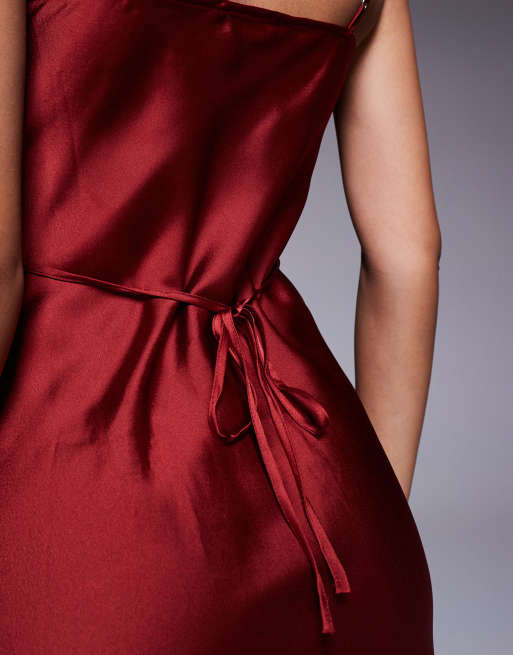 New Look – Rdzawa satynowa sukienka midi z drapowanym dekoltem, 4 z 4