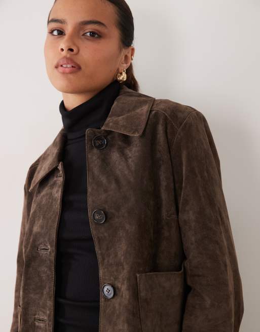 New Look real suede jacket in dark brown, 3 of 4