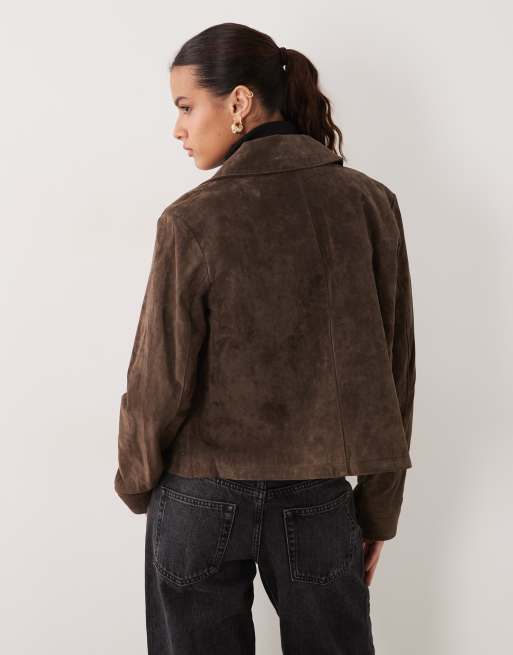 New Look real suede jacket in dark brown, 4 of 4