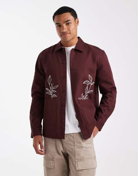 New Look - Recht geborduurd overshirt in bordeauxrood - view 1