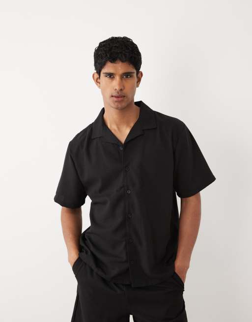 New Look - Co-ord set van recht overhemd en short met linnenlook in zwart, 3 van 3