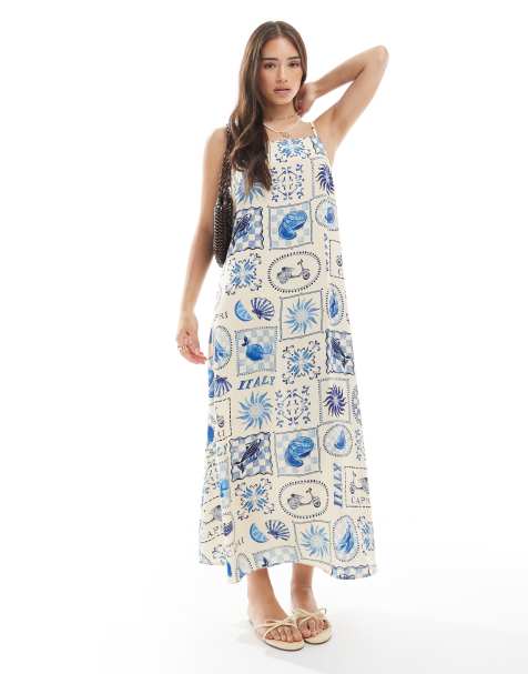 New Look - Rechtvallende midi jurk met tegeltjes-print in blauw - view 1