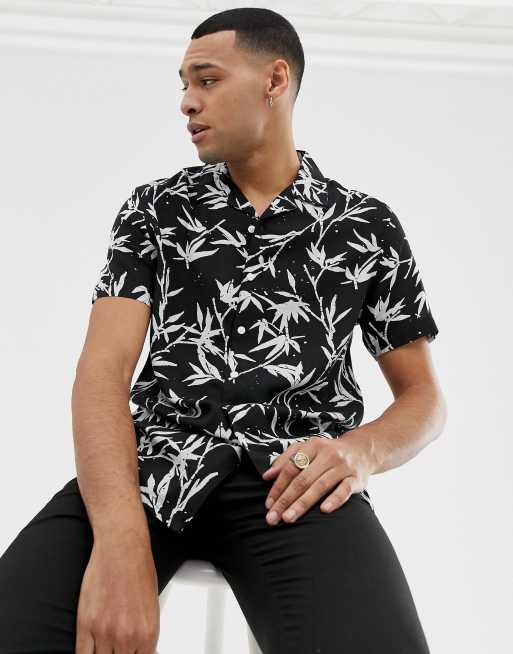 New Look regular fit revere shirt with leaf print in black | ASOS