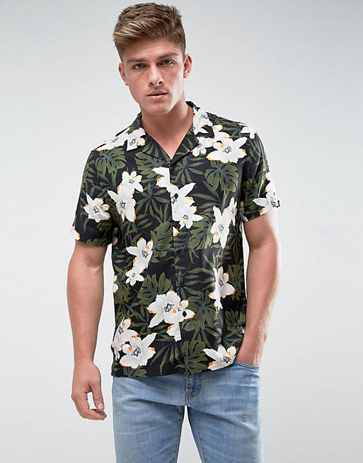 New Look Regular Fit Shirt With Revere Collar In Floral Palm Print | ASOS