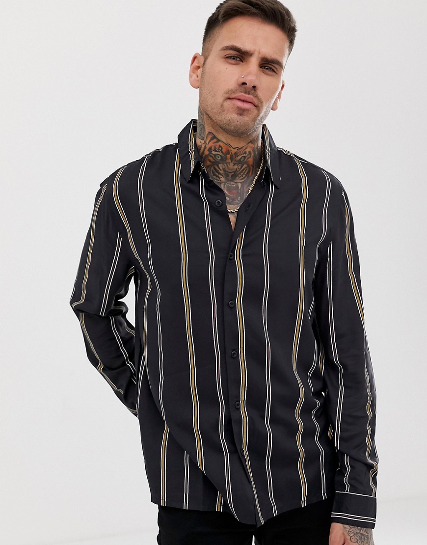 New Look - Regular-fit viscose overhemd in zwart met strepen
