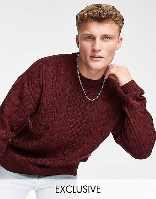 New Look relaxed cable knit jumper in burgundy
