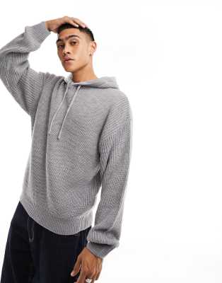 New Look Relaxed Fisherman Knitted Hoodie In Light Gray