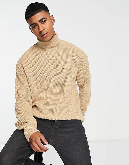 New Look relaxed fisherman roll neck jumper in stone | ASOS