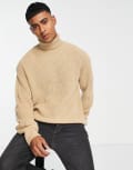 [New Look] New Look relaxed fisherman roll neck jumper in stone-Neutral M Stone