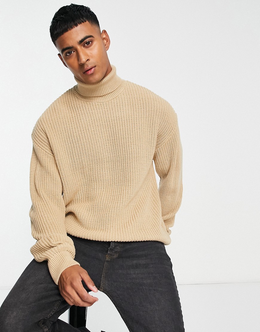 New Look Relaxed Fisherman Roll Neck Sweater In Stone-neutral