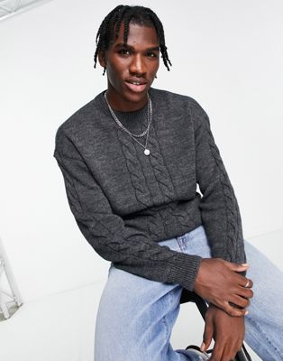 New Look relaxed fit cable crew neck jumper in dark grey - ASOS Price Checker