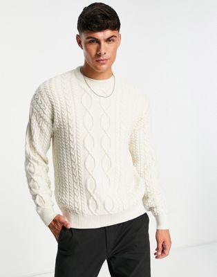 New Look relaxed fit cable crew neck jumper in off white