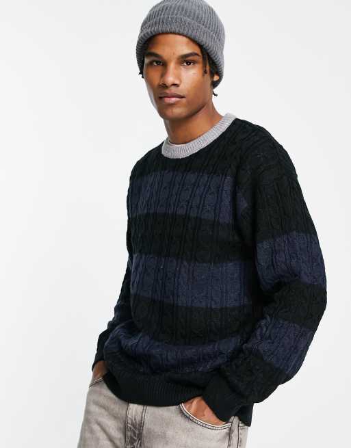 New Look relaxed fit cable crew neck sweater in black pattern