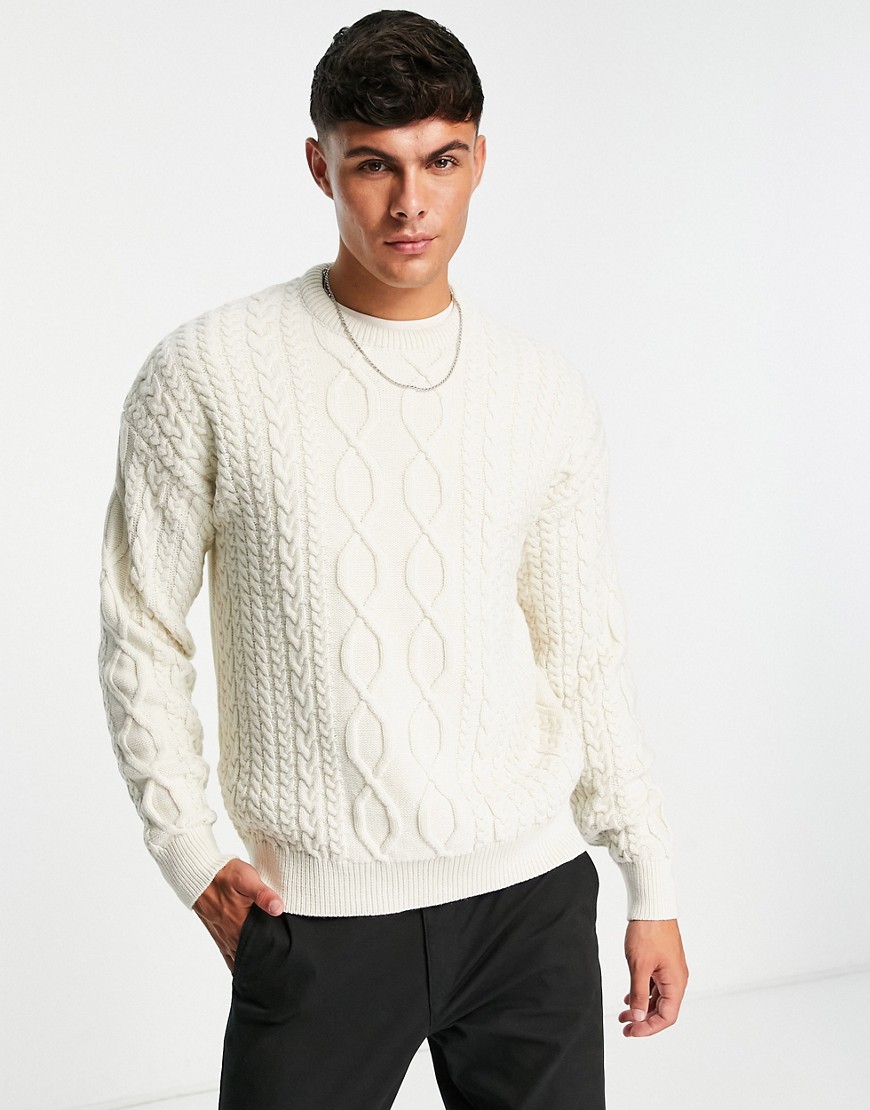 New Look Relaxed Fit Cable Crew Neck Sweater In Off White