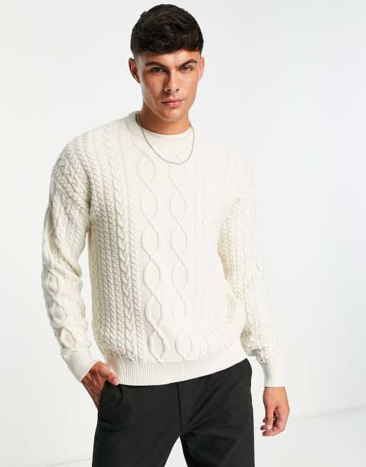 New Look relaxed fit cable crew neck sweater in off white ASOS