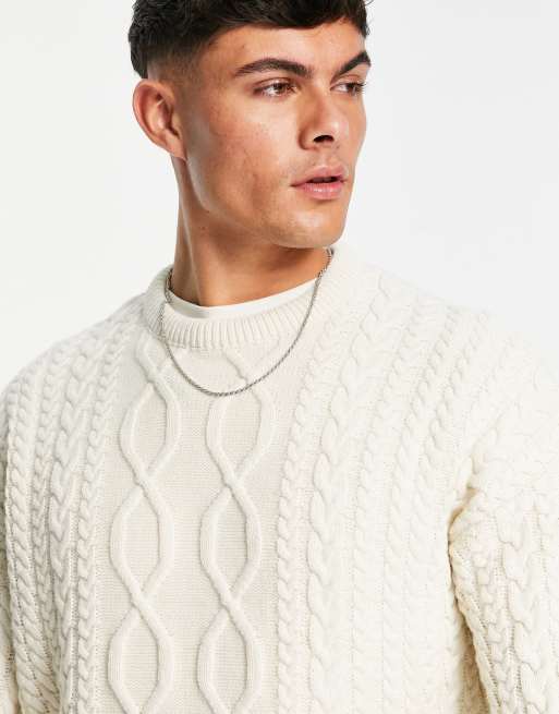 New Look relaxed fit cable crew neck sweater in off white